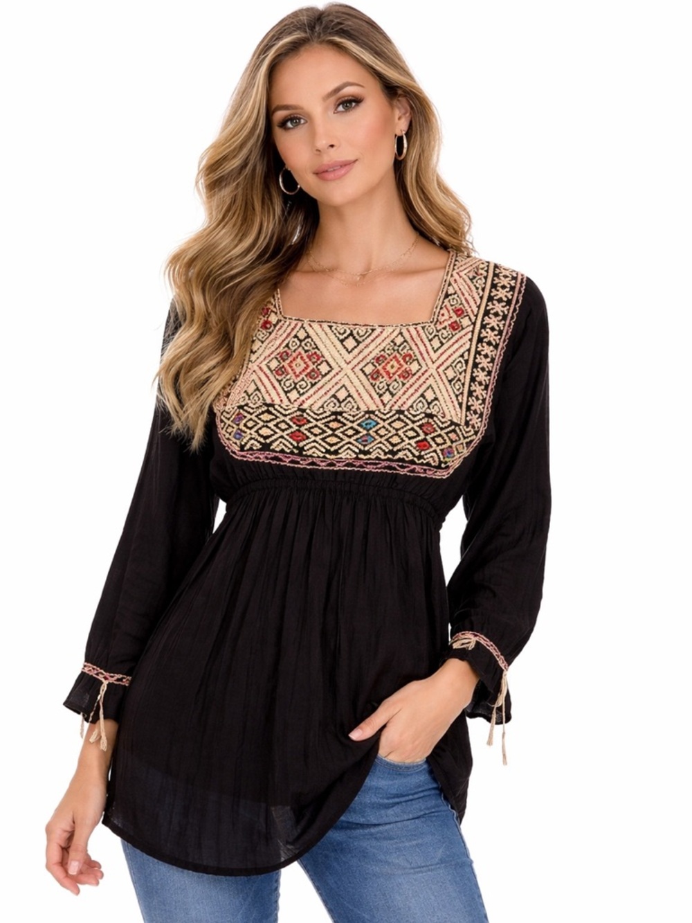 Santa Marguerite Black Boho Embroidered‎ Tunic Top | Size Large